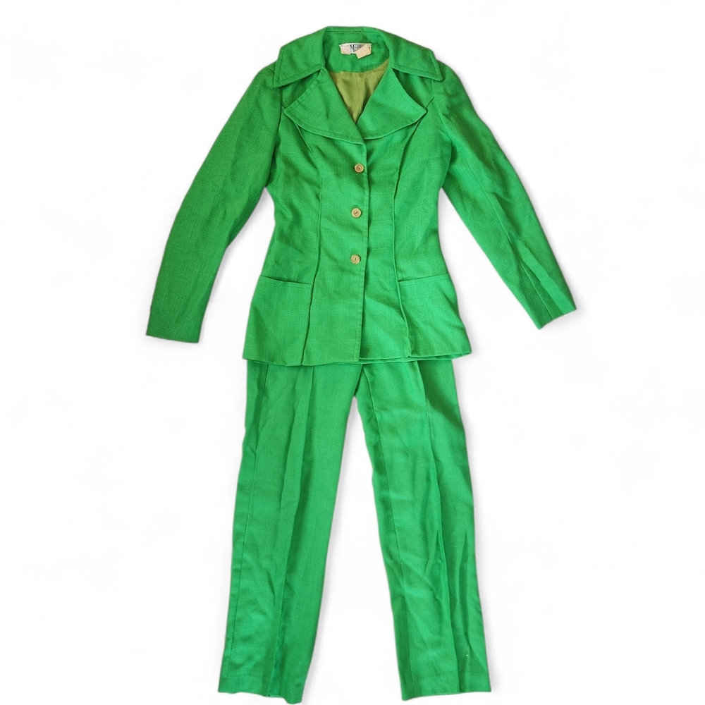 70s Vintage Neon Green Women's Leisure Suit Set